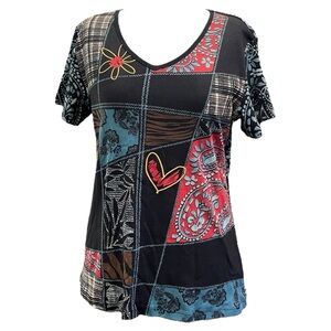 Marietta Abstract Womens Top Blouse Size L Hearts Paisley Flowers Granny Core